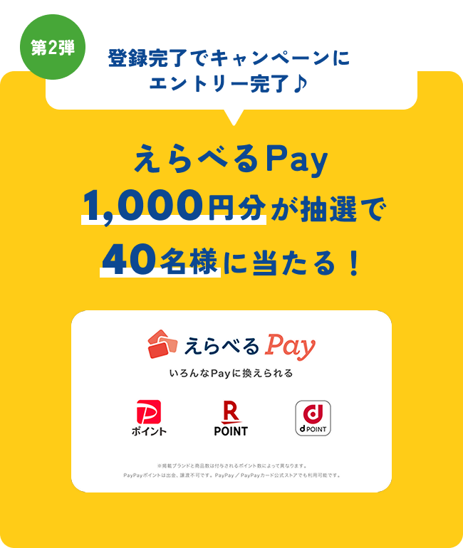 第2弾 登録完了でキャンペーンにエントリー えらべるPay1,000円分が抽選で40名様に当たる！