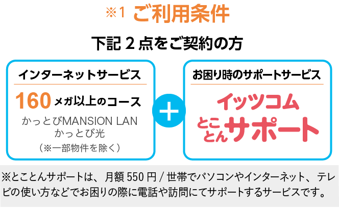 インターネットサービス160メガ以上コース（かっとび MANSION LAN/かっとび光を除く）+お困り時のサポートサービス　イッツコムとことんサポート　※とことんサポートは、月額550円/世帯でパソコンやインターネット、テレビの使い方などでお困りの際に電話や訪問にてサポートするサービスです。