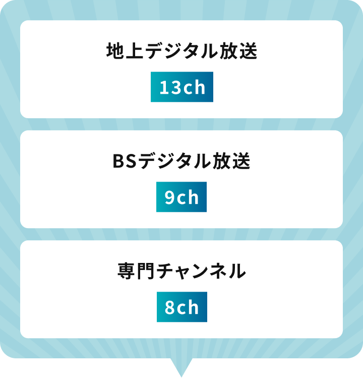 地上デジタル放送・13ch / BSデジタル放送・9ch / 専門チャンネル・8ch