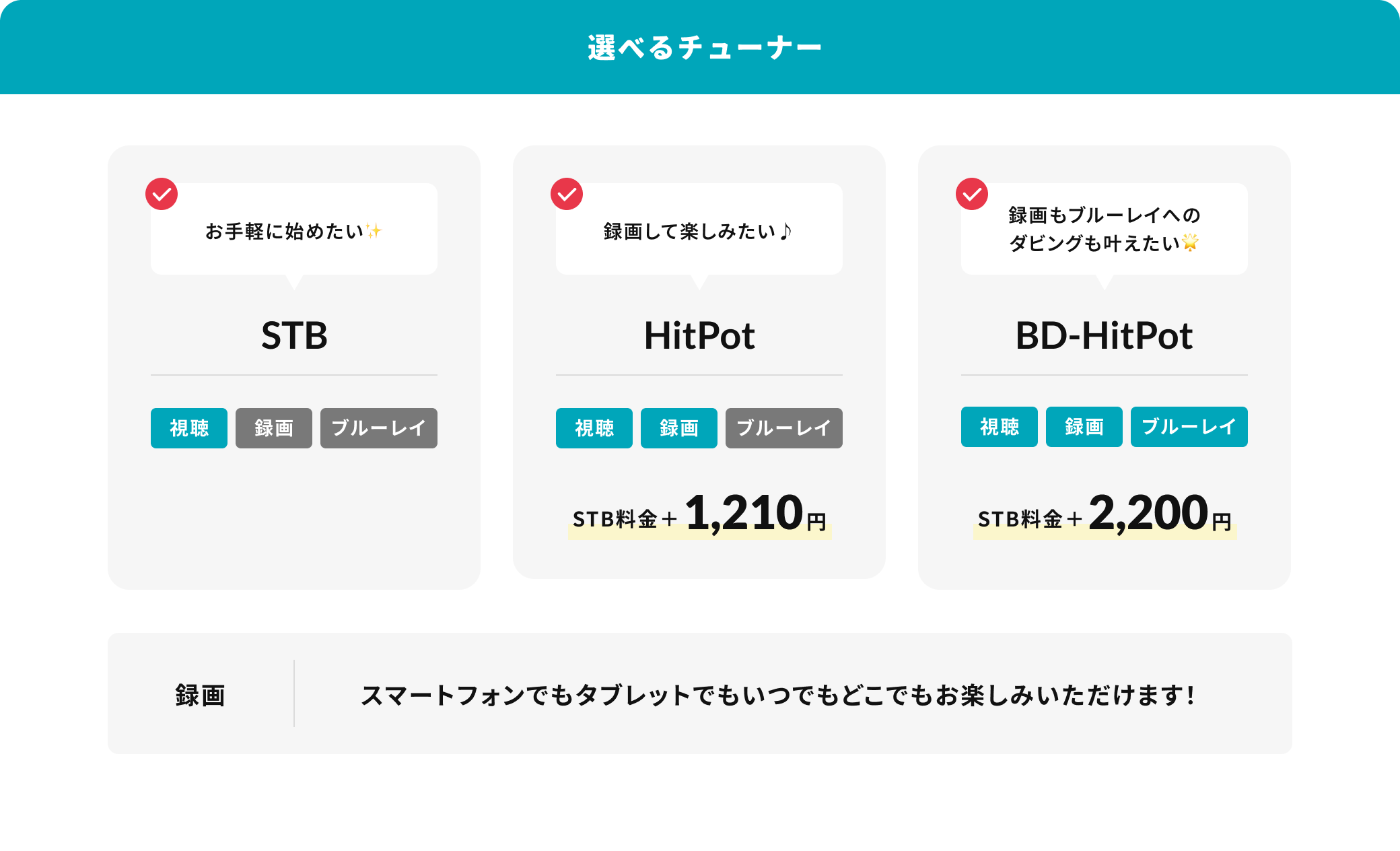 選べるチューナー/ 1,お手軽に始めたい✨STB-視聴-録画-ブルーレイ/2,録画して楽しみたい♪HitPot-視聴-録画-ブルーレイ-STB料金+1,210円/3,録画もブルーレイへのダビングも叶えたい🌟BD-HitPot-視聴-録画-ブルーレイ-STB料金+2,200円 録画 スマートフォンでもタブレットでもいつでもどこでもお楽しみいただけます
