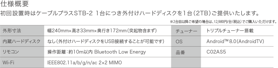 仕様概要 初回設置時はケーブルプラスSTB-2 1台につき外付けハードディスクを1台（2TB）ご提供いたします。