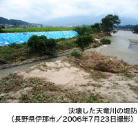 決壊した天竜川の堤防（長野県伊那市／2006年7月23日撮影）
