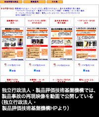 独立行政法人・製品評価技術基盤機構では、製品事故の再現映像を動画で公開している（独立行政法人・製品評価技術基盤機構HPより）