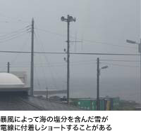 暴風によって海の塩分を含んだ雪が電線に付着しショートすることがある