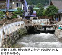 難する際、橋や水路の付近では流されるおそれがある。