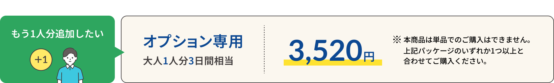 もう1人分追加したい オプション戦勝：大人1人分3日間相当 3,520円 ※本商品は単品でのご購入はできません。上記パッケージのいずれか1つ以上と合わせてご購入ください。