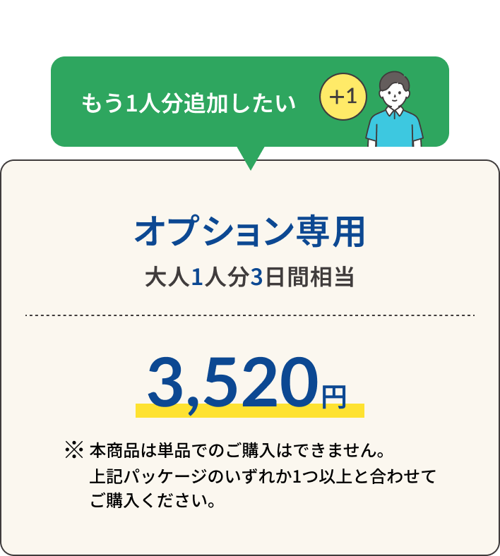 もう1人分追加したい オプション戦勝：大人1人分3日間相当 3,520円 ※本商品は単品でのご購入はできません。上記パッケージのいずれか1つ以上と合わせてご購入ください。
