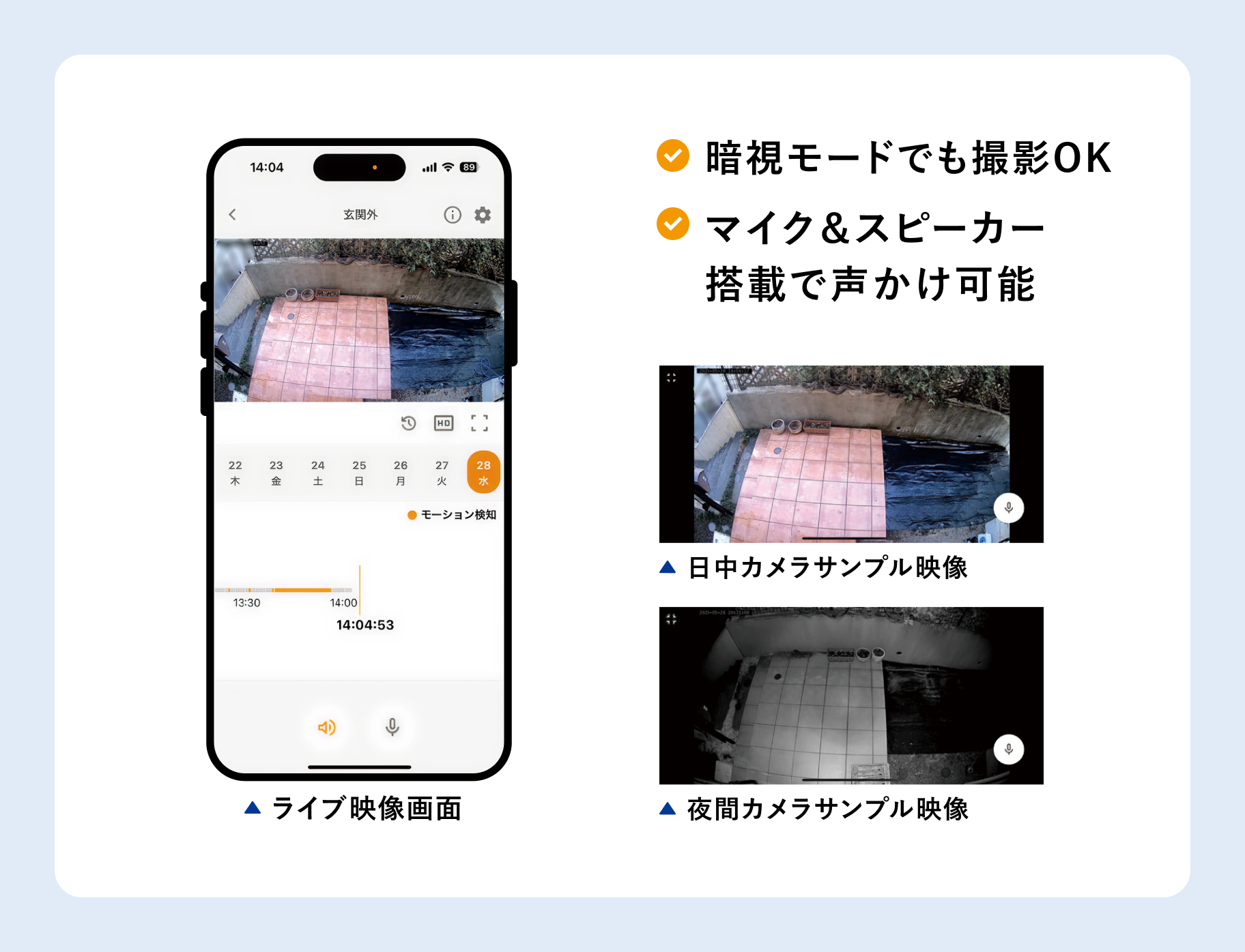 暗視モードでも撮影OK。マイク＆スピーカー 搭載で声かけ可能