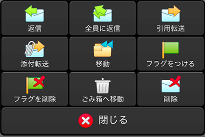 メール本文一覧画面で表示される操作メニュー